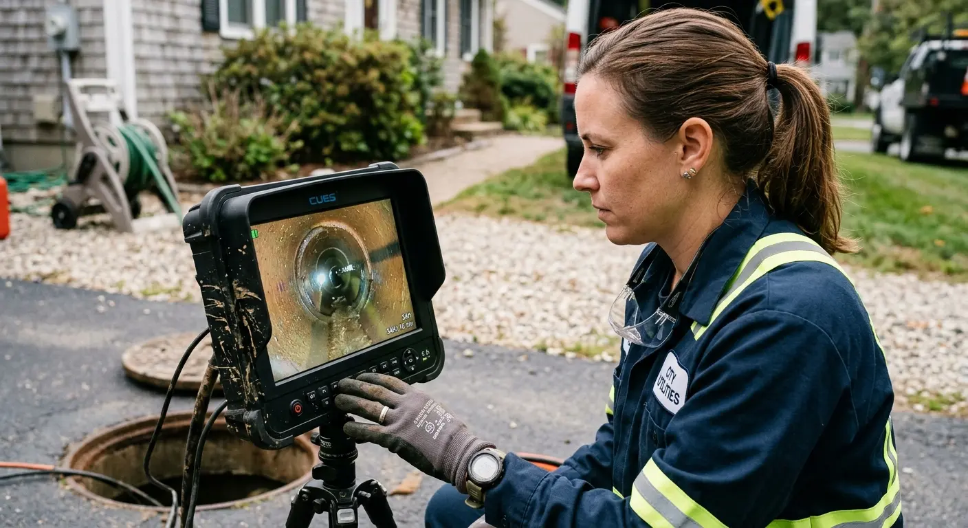 Technician reviewing sewer camera inspection footage in Aldine