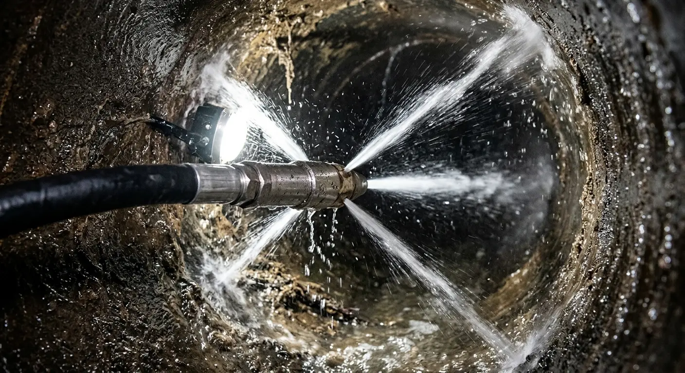 High-pressure hydro jetting nozzle cleaning sewer pipe for Sewer Cleanout in Aldine