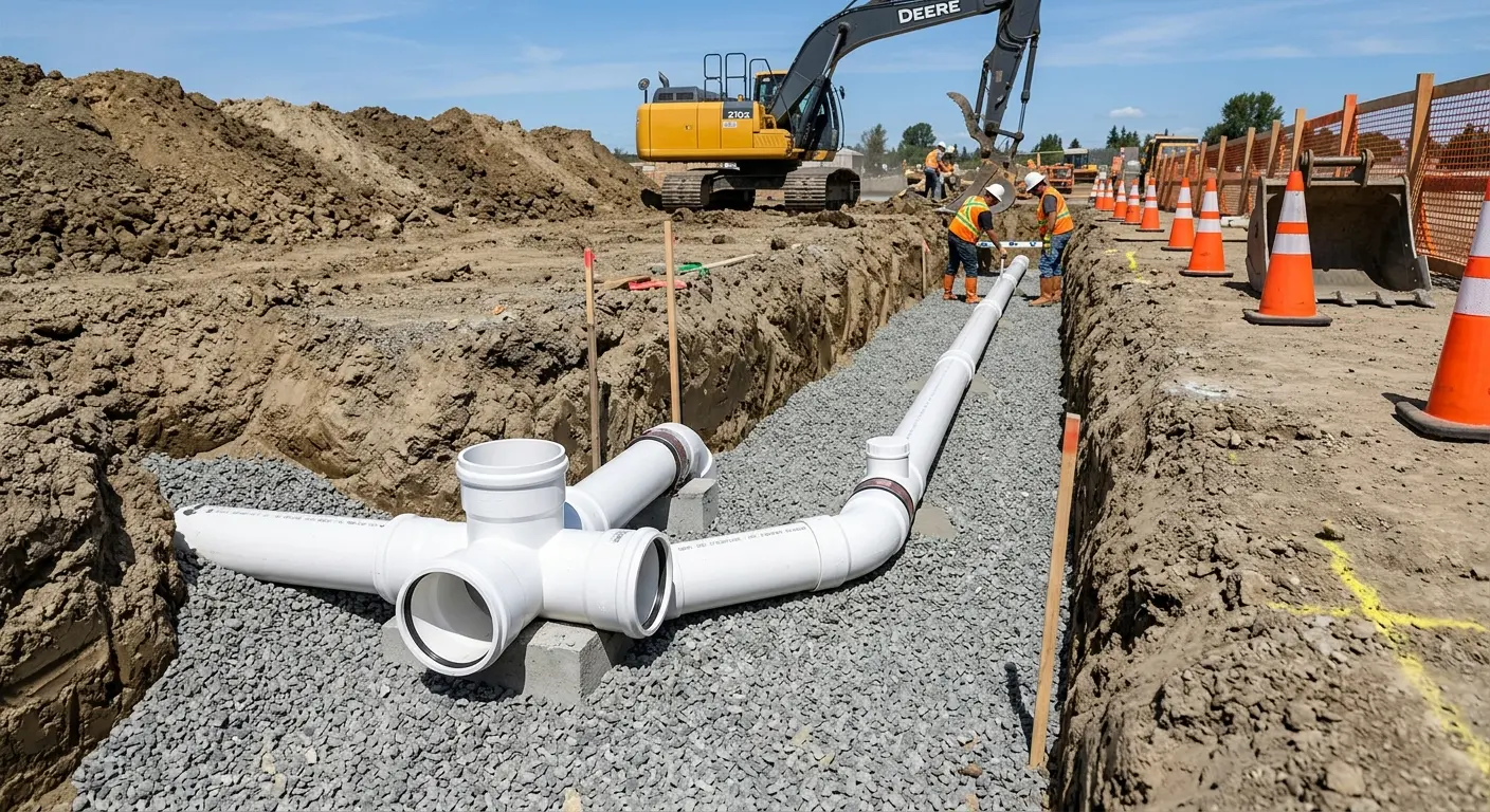 New PVC sewer pipe installation in open trench for Sewer Backup in Aldine