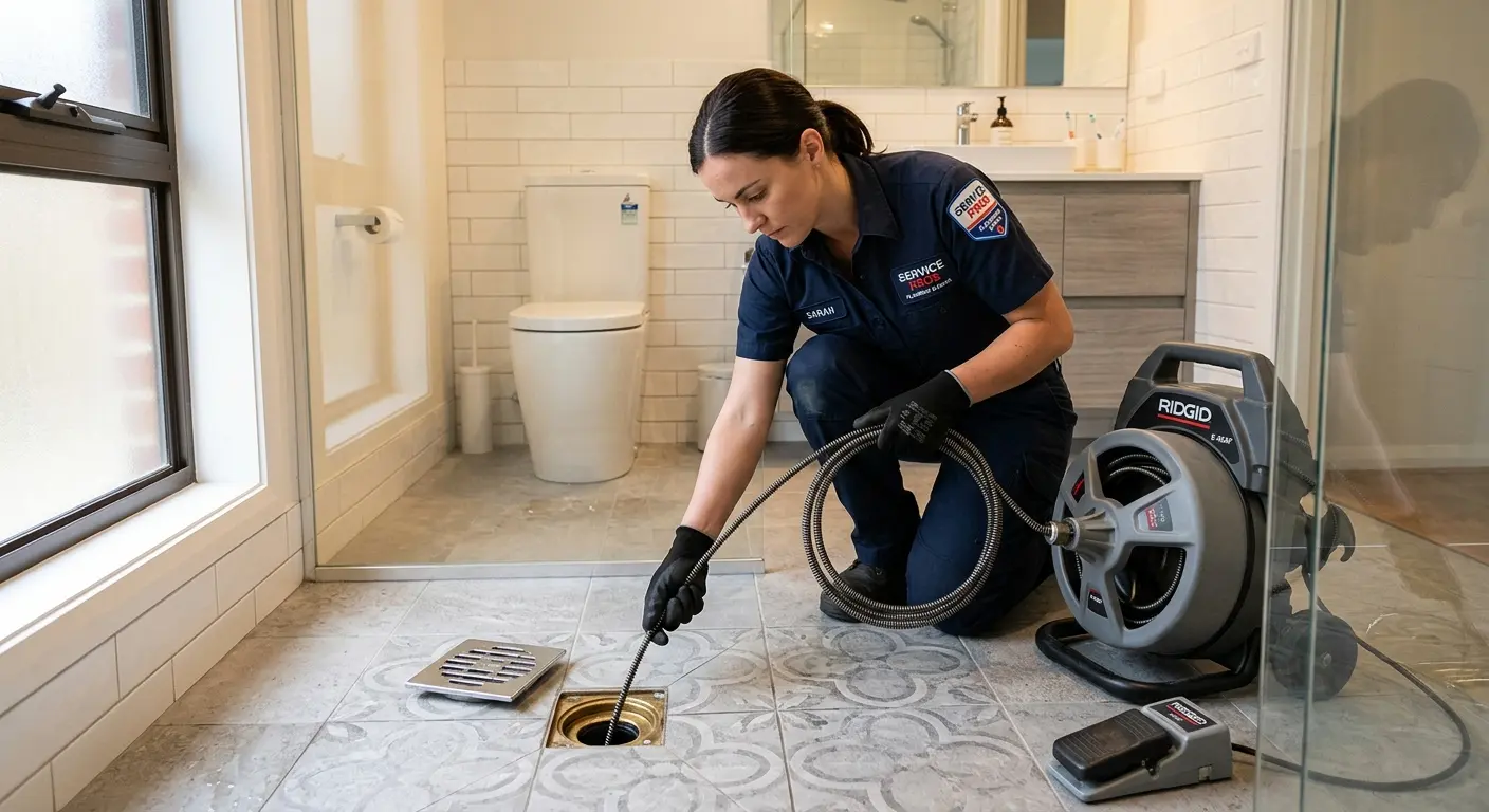 Technician clearing a bathroom floor drain for Hydro Jetting in Aldine